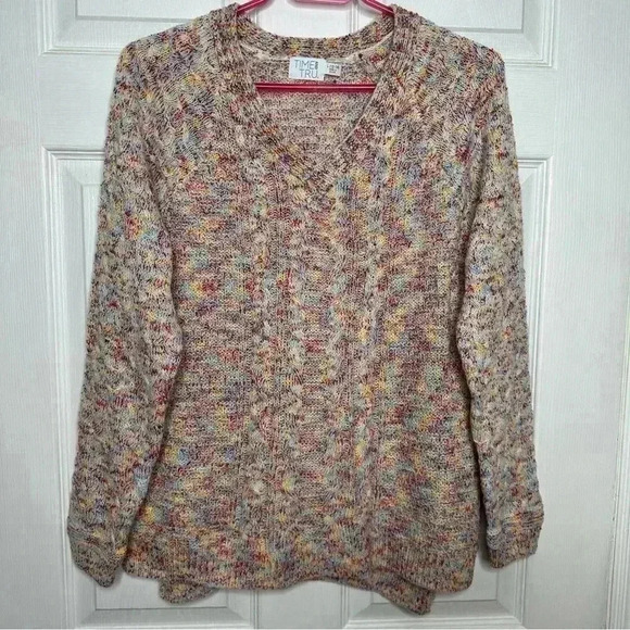 Time And True Cable  Knit Sweater V-Neck White/Multicoloured Size Large - Picture 1 of 16